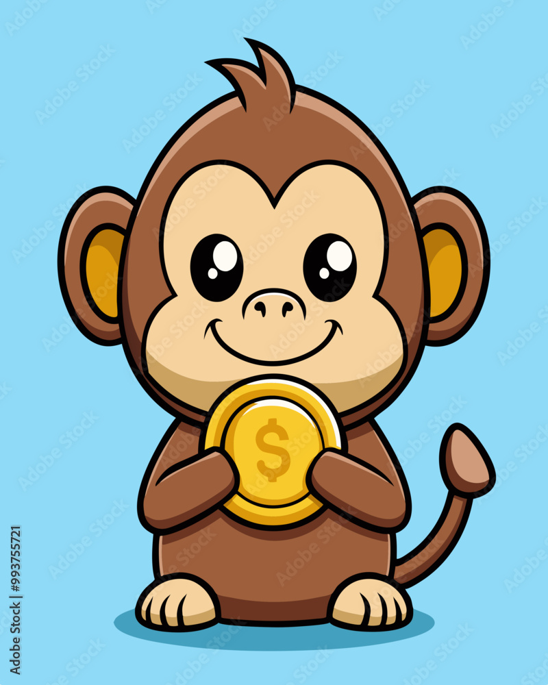 Obraz premium Cute Cartoon Monkey Holding a Coin