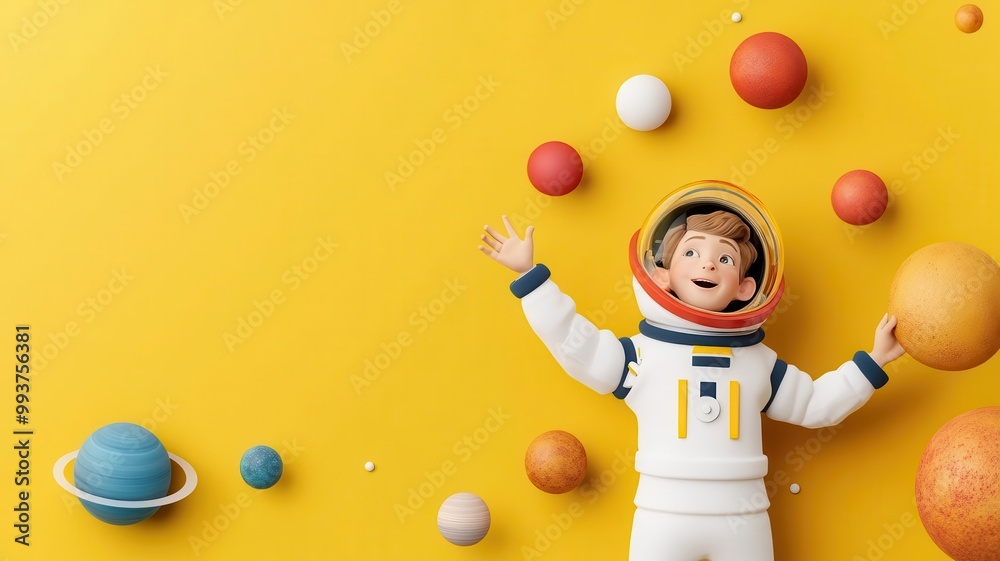 Boy dressed as space explorer, discovering alien planets, 3D illustration