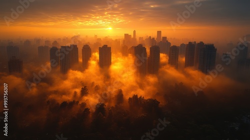 Sunset Over City Skyline with Fog and Clouds