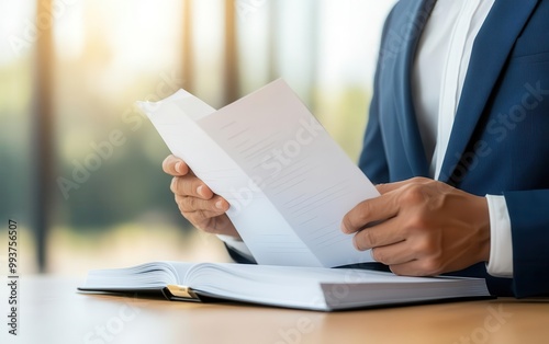 Businessperson flipping through pages of a contract during a negotiation meeting, contract review, formal agreement analysis