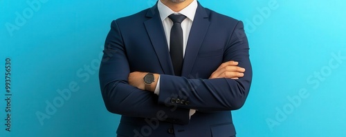 Businessman with crossed arms listening during a negotiation, strategy, defensive position in negotiation photo