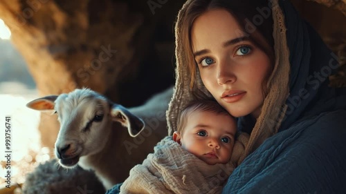 Virgin Mary cradles baby Jesus close while a sheep stands nearby in a rustic, sunlit environment