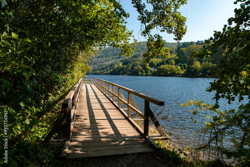 Holzstege und Wanderwege am Staubecken Heimbach nahe der Rurtalsperre Schwammenauel beim Wasserkraftwerk Heimbach in der Eifel im Sommer bei schönem Wetter photo