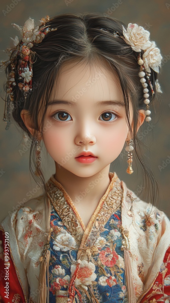 Hyper-realistic portrait of a young Chinese girl in traditional dress with delicate facial features Hyper-realistic portrait of a young Chinese girl in traditional dress with delicate facial features