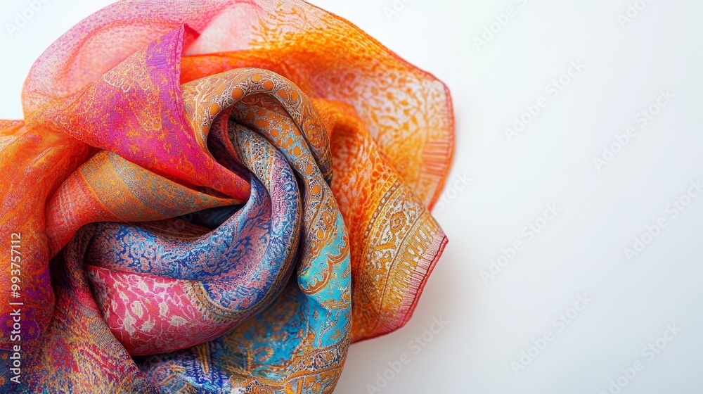 Naklejka premium Vibrant Arabic scarf in intricate patterns and hues, captured against a pristine white backdrop, showcasing its cultural allure.