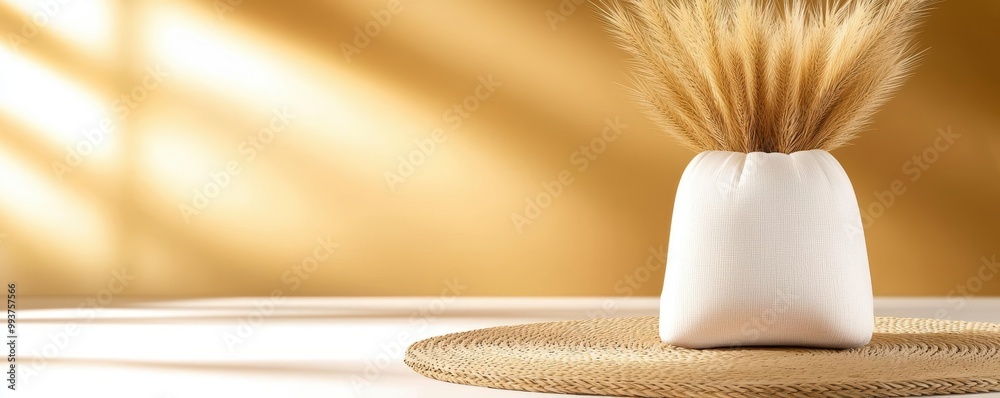 Decorative vase with dried wheat on a natural surface, soft lighting and warm background. Decorative vase with dried wheat on a natural surface, soft lighting and warm background.