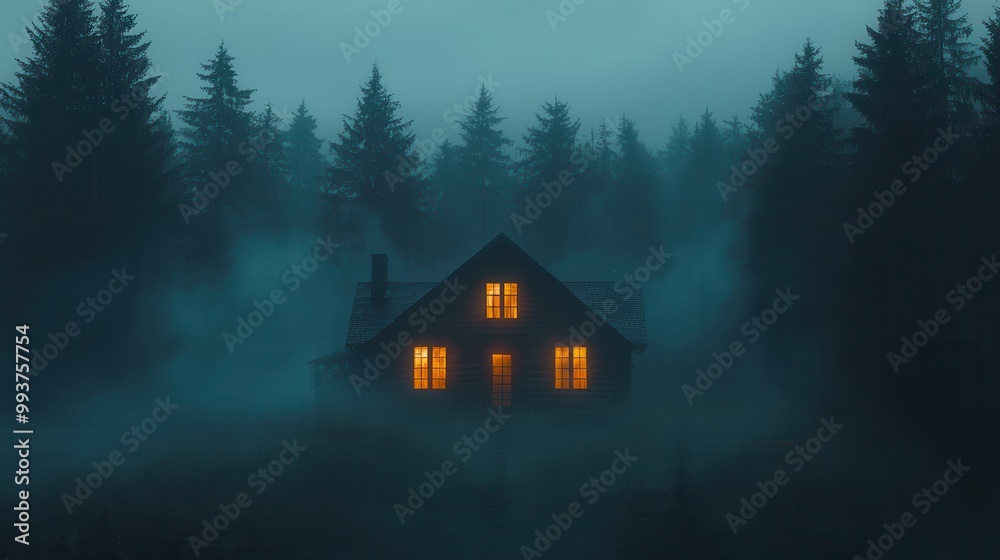 Mystical Cabin Among Foggy Pine Trees at Dusk Mystical Cabin Among Foggy Pine Trees at Dusk