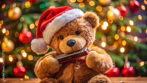 Christmas Toy Bear with Harmonica. Perfect for: Christmas, Winter markets, Toy fairs