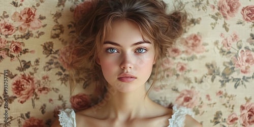 Vintage style portrait of a girl with floral background and soft lighting