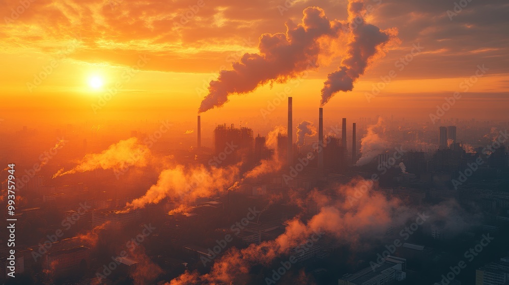 Fototapeta premium Industrial Dawn with Smoke and Emission at Sunrise