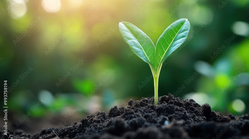 Young green seedlings emerge from dark fertile soil, sunlight background. Ai generated image