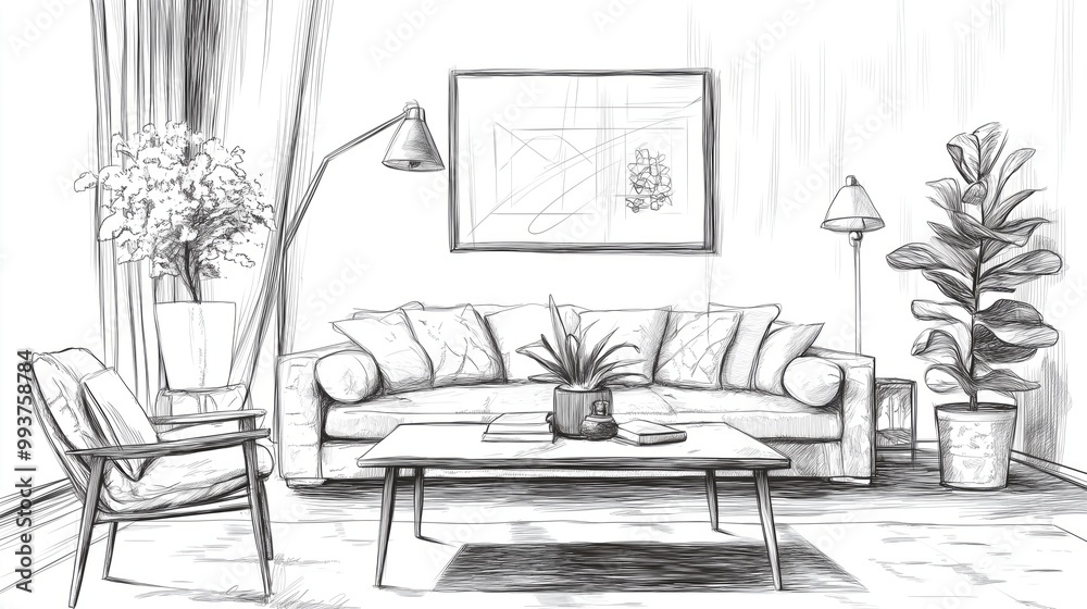 Interior design landing page. Vector sketch of living room. Hand drawn furniture. Illustration of furniture interior room, sketch living apartment Interior design landing page. Vector sketch of living room. Hand drawn furniture. Illustration of furniture interior room, sketch living apartment