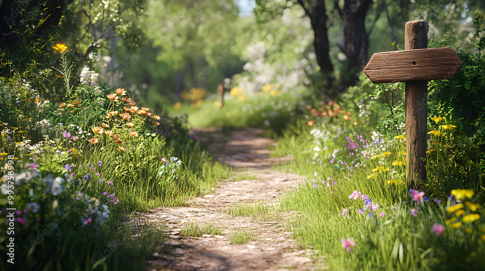 Forest Trail with Wildflowers and Eco-Friendly Wooden Signs Forest Trail with Wildflowers and Eco-Friendly Wooden Signs