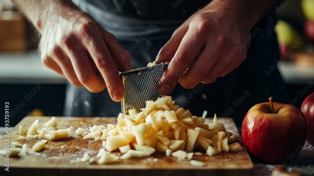 preparing a dessert of apples. Using a grater in his hands, the chef grinds a fresh apple on a kitchen board. preparing a dessert of apples. Using a grater in his hands, the chef grinds a fresh apple on a kitchen board.