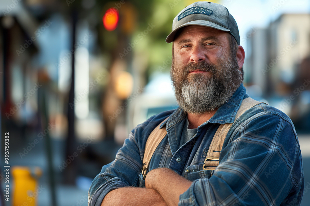 Portrait of a overweight bearded man wearing a cap and plaid shirt, standing outdoors on a city street. Portrait of a overweight bearded man wearing a cap and plaid shirt, standing outdoors on a city street.