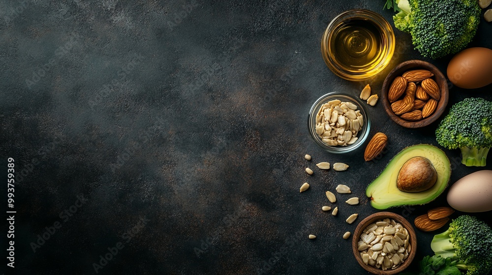 Healthy Food Arrangement on Dark Background. AI generated illustration Healthy Food Arrangement on Dark Background. AI generated illustration
