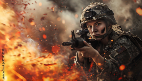 female soldier in a war environment, in the trench with the weapon ready photo