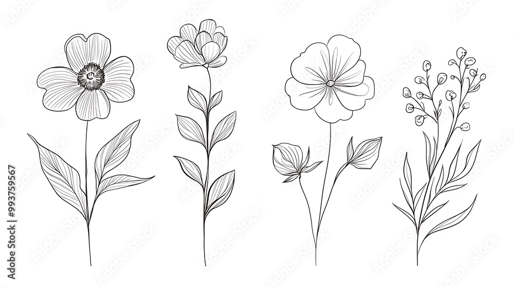 Floral doodles, elegant line art, simple flowers Floral doodles, elegant line art, simple flowers