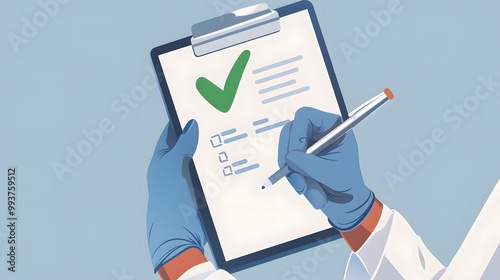 A healthcare professional wearing gloves and holding a clipboard with a green check mark symbol next to a patient's name, indicating good health status.