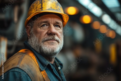 Senior worker in an industrial setting wearing safety gear, looking experienced and serious.