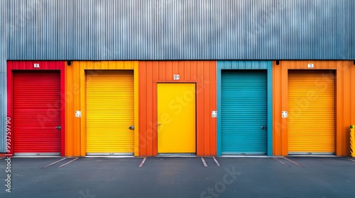 Vibrant Colorful Storage Unit Doors at an Industrial Warehouse. AI generated illustration