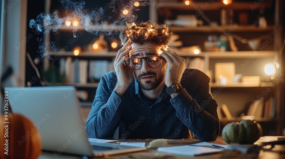 Creative Business Professional Brainstorming Halloween Ideas Amid Spooky Decor and Cozy Glow Creative Business Professional Brainstorming Halloween Ideas Amid Spooky Decor and Cozy Glow