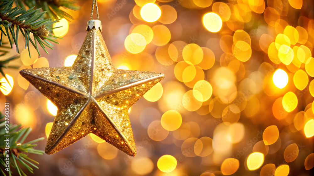 Sparkling Golden Christmas Star Ornament with Bokeh Background. Perfect for: Christmas, Holiday Decorations, New Year Celebrations Sparkling Golden Christmas Star Ornament with Bokeh Background. Perfect for: Christmas, Holiday Decorations, New Year Celebrations
