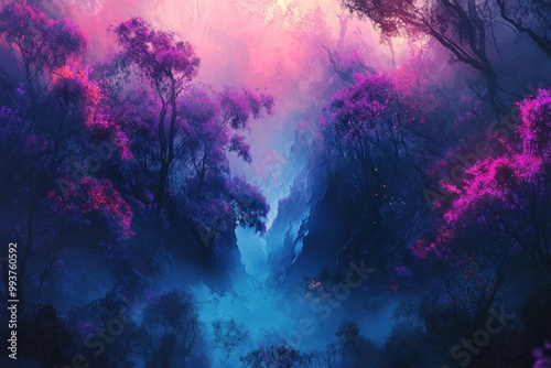 Wallpaper Mural Mystical Forest with Pink Blossoms and a Foggy Valley Torontodigital.ca