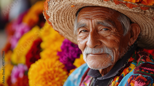 Elderly man with floral decorations, Dia de los Muertos, Mexico, cultural celebration