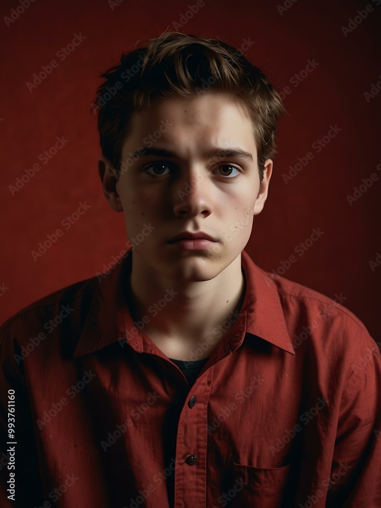 Adolescent male brooding on a crimson background, showing angst. Adolescent male brooding on a crimson background, showing angst.