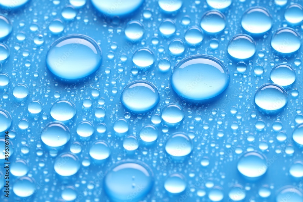 Water drops on blue background, closeup view Water drops on blue background, closeup view