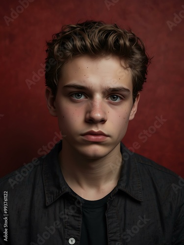 Adolescent male brooding on a crimson background, showing angst.