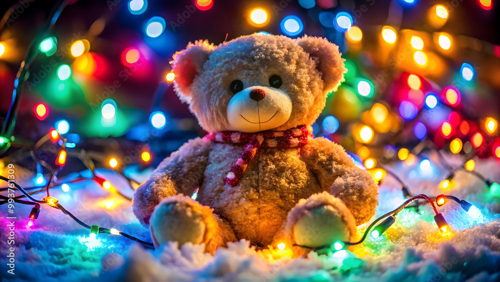 Fototapeta premium Teddy Bear with Christmas Lights in Snowy Night. Perfect for: Christmas, Winter Celebrations, Children's Parties