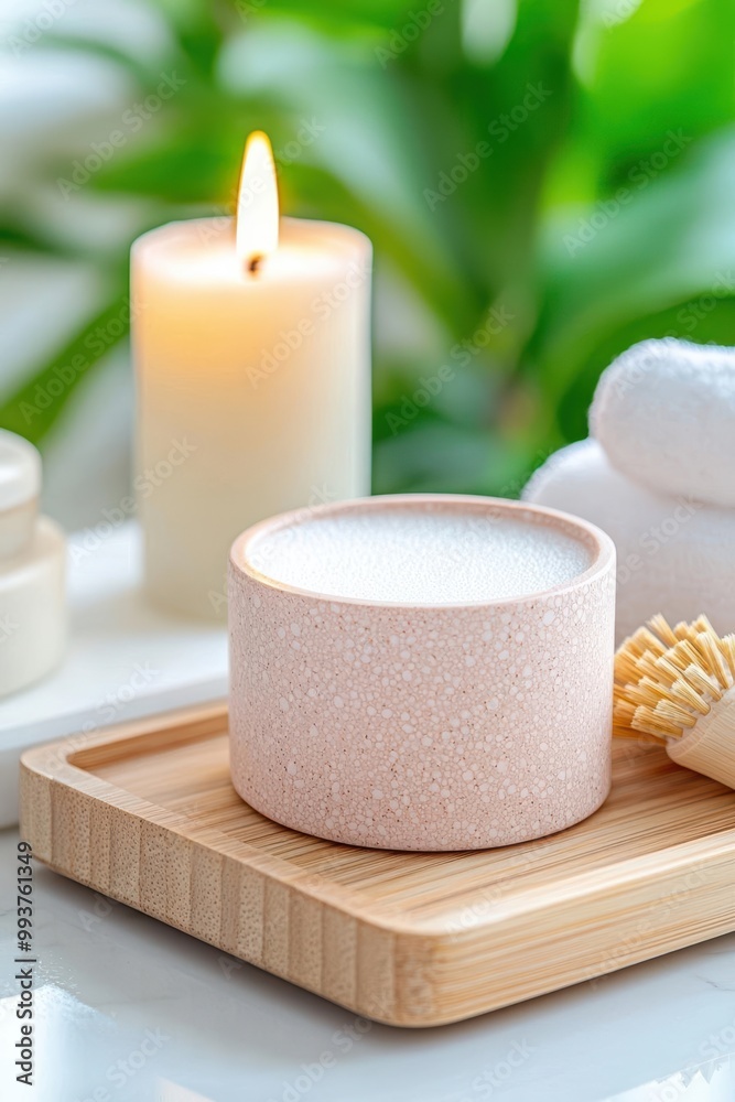 Relaxing spa scene with candle, essential oil, and bamboo tray on a serene background. Relaxing spa scene with candle, essential oil, and bamboo tray on a serene background.