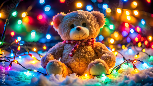 Teddy Bear with Christmas Lights in Snowy Night. Perfect for: Christmas, Winter Celebrations, Children's Parties
