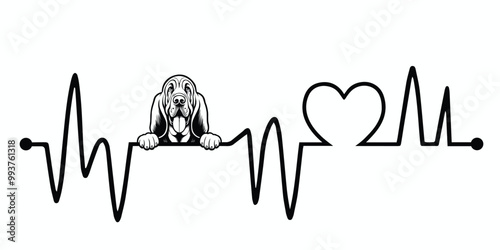Heartbeat line with Bloodhound Dog Peeking, Dog and Heartbeat frequency with Heart Love Vector illustration
