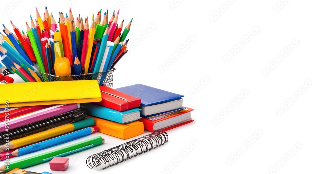 A collection of colorful school supplies and stationery items arranged for educational purposes. A collection of colorful school supplies and stationery items arranged for educational purposes.