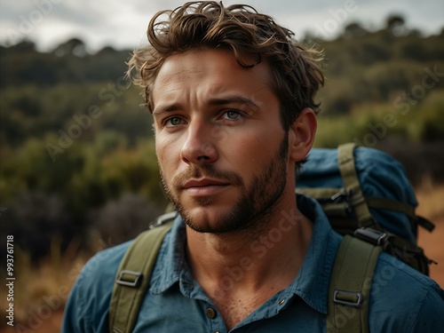 Adventurous Australian man with hiking gear.