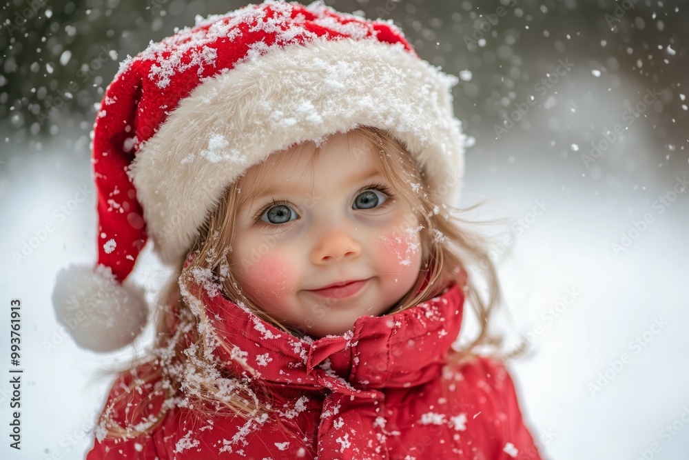 A cute child in a red outfit enjoys the snowy winter, wearing a Santa hat with a joyful expression. A cute child in a red outfit enjoys the snowy winter, wearing a Santa hat with a joyful expression.