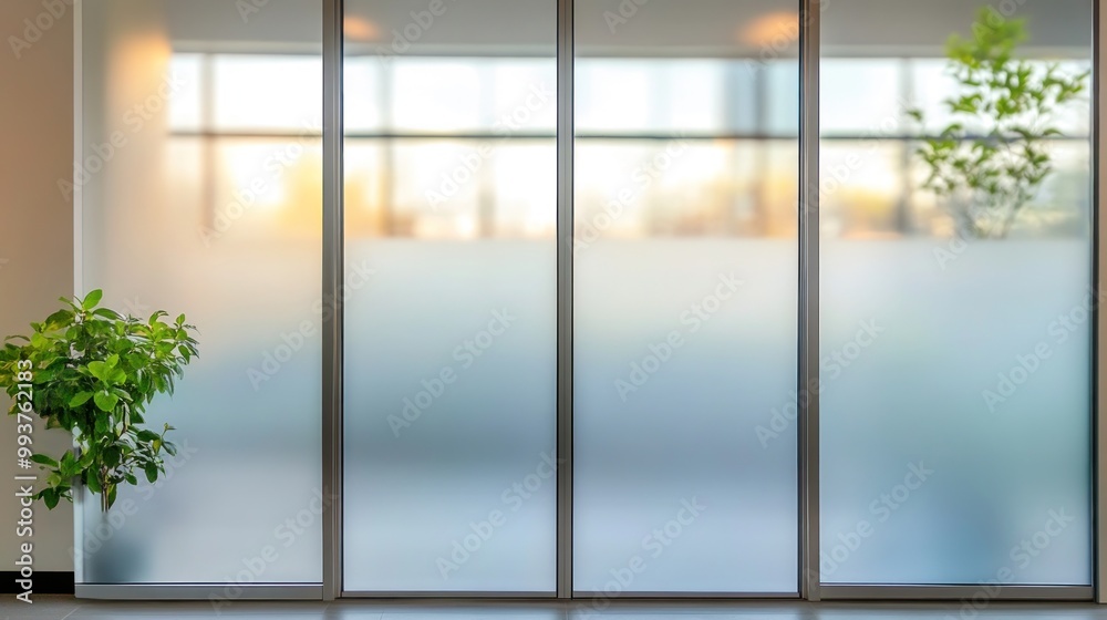 A modern office space with frosted glass panels and a potted plant.