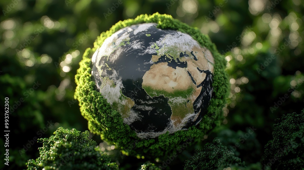 A green, moss-covered globe symbolizes environmental sustainability and the importance of preserving our planet. A green, moss-covered globe symbolizes environmental sustainability and the importance of preserving our planet.