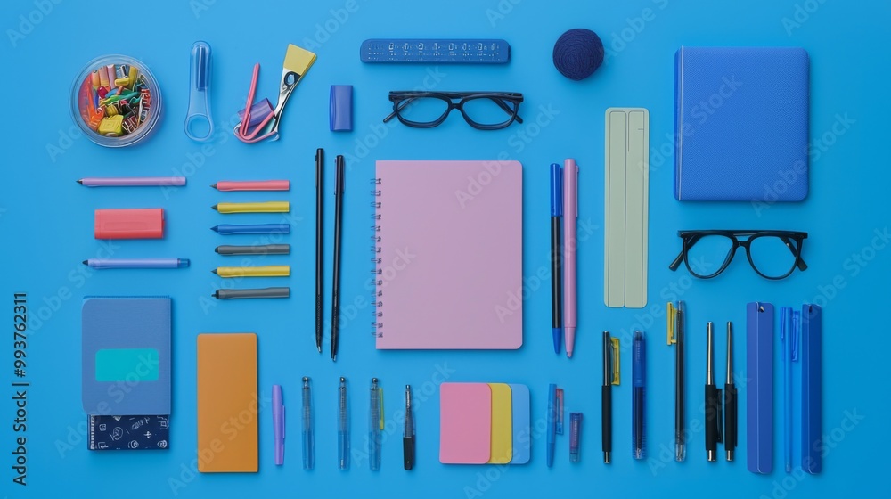 A trendy flat lay of stylish stationery on a vibrant backdrop, perfect for workspace inspiration A trendy flat lay of stylish stationery on a vibrant backdrop, perfect for workspace inspiration