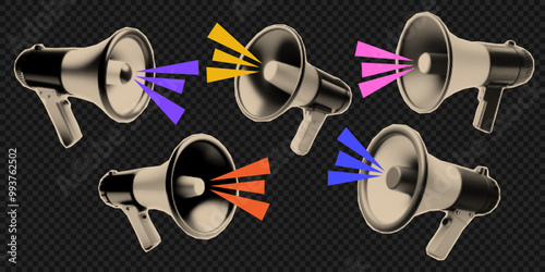 Vector loudspeaker isolated on transparent background. Trendy elements with a halftone effect for collage, poster, banner, cover design.
