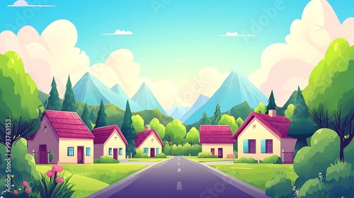 A serene landscape featuring charming houses, lush greenery, and mountains under a bright sky.