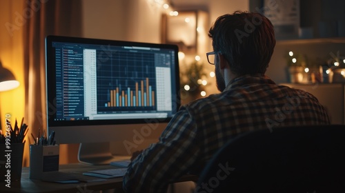 Financial analyst is working late analyzing charts on his desktop computer