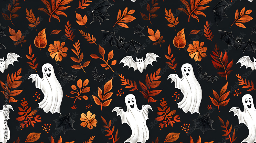 Whimsical Halloween seamless pattern featuring ghosts, bats, and autumn leaves on a dark background Whimsical Halloween seamless pattern featuring ghosts, bats, and autumn leaves on a dark background