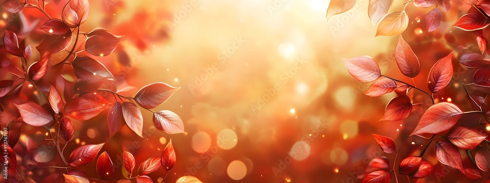 Fototapeta premium Autumn background with red and orange leaves and bokeh light effect. Autumn background with blurred nature scene