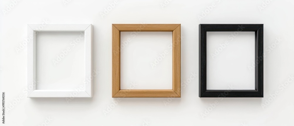 Three empty picture frames in white, natural wood, and black against a plain background. Three empty picture frames in white, natural wood, and black against a plain background.
