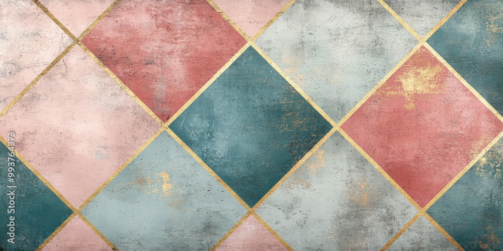 Retro harlequin wallpaper pattern with pink, turquoise, and gold foil Retro harlequin wallpaper pattern with pink, turquoise, and gold foil