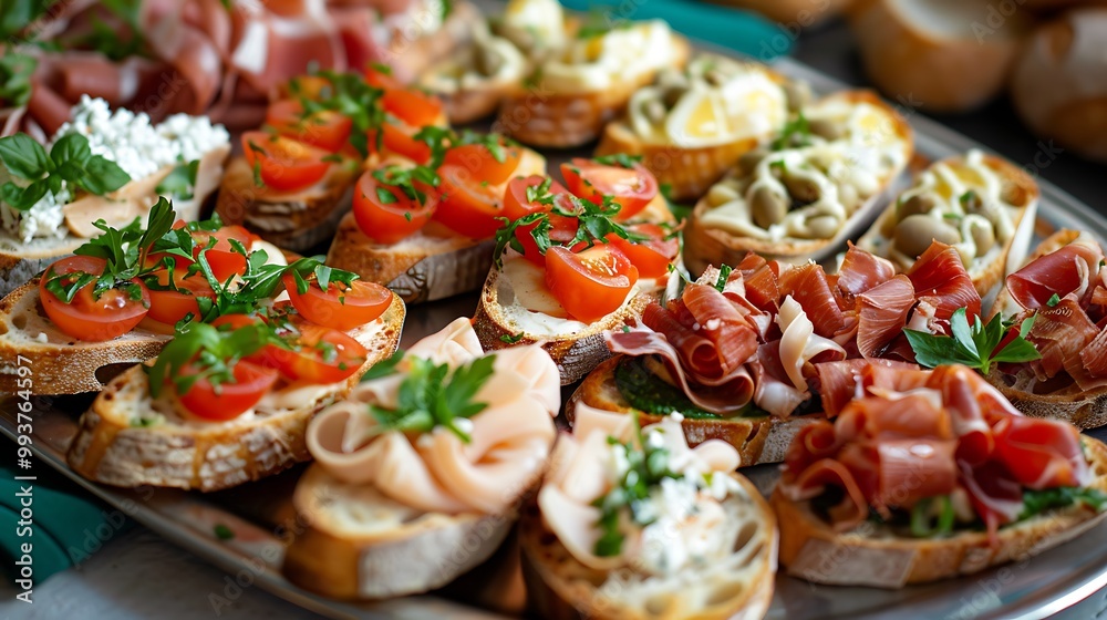 Assorted canapes with different toppings on a buffet table Assorted canapes with different toppings on a buffet table